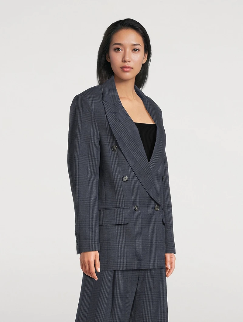 Double-Breasted Linen Blazer Glen Check Print