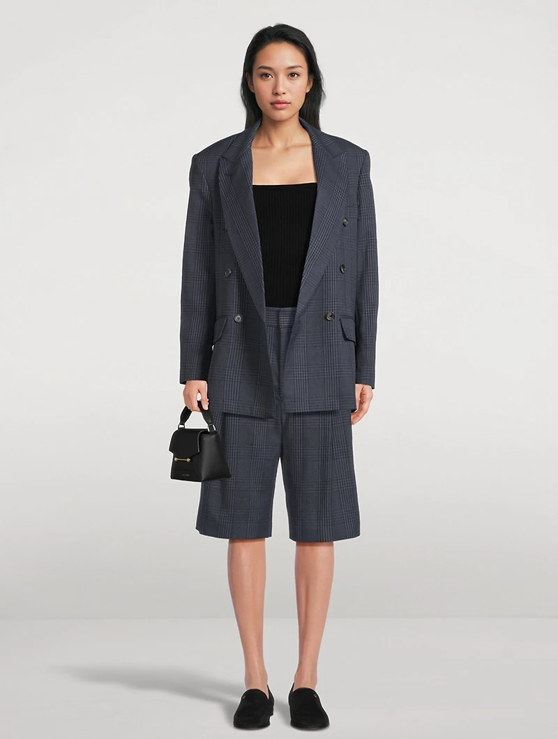 Double-Breasted Linen Blazer Glen Check Print
