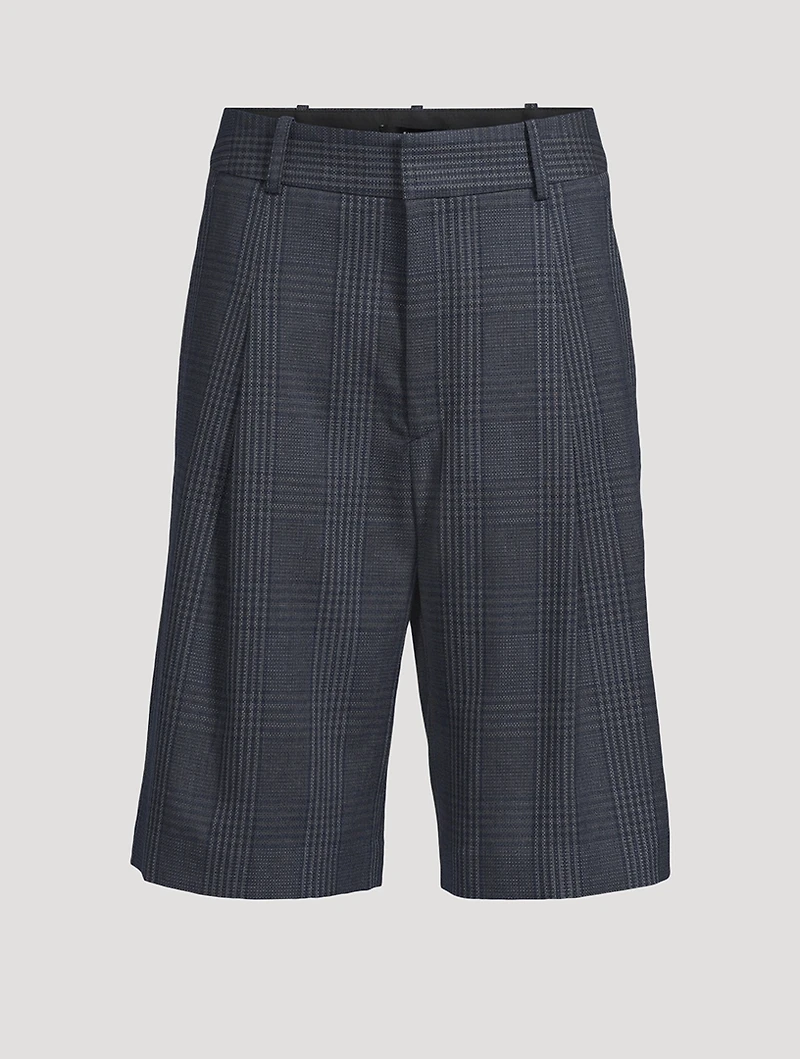 Pleated Linen Shorts Glen Check Print