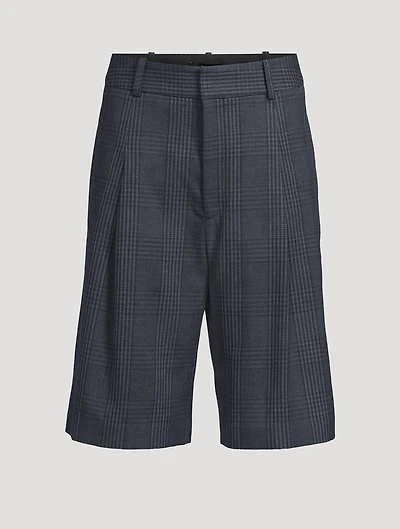 Pleated Linen Shorts Glen Check Print