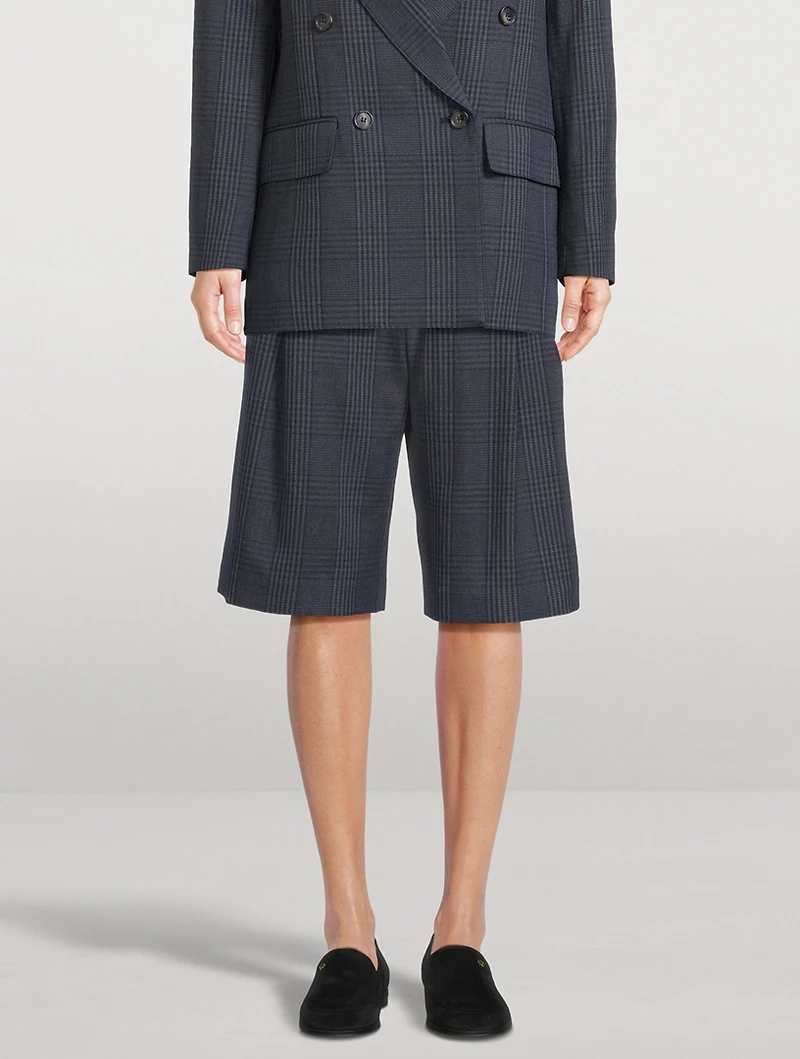 Pleated Linen Shorts Glen Check Print