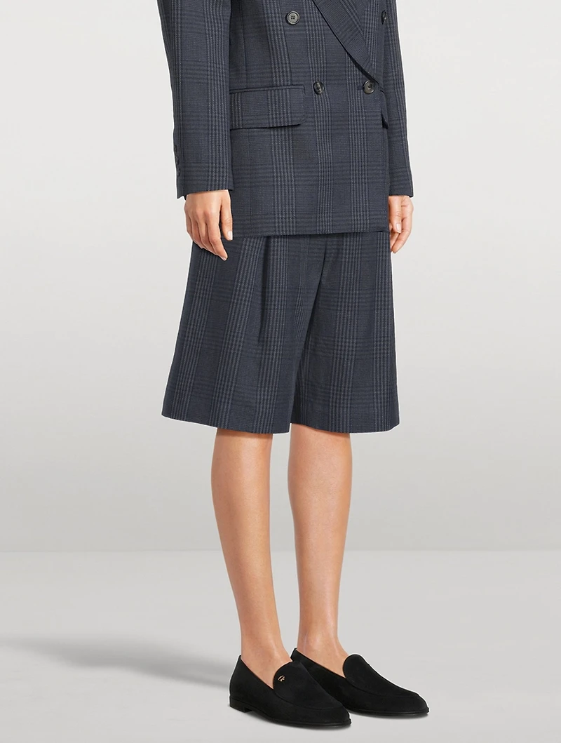 Pleated Linen Shorts Glen Check Print