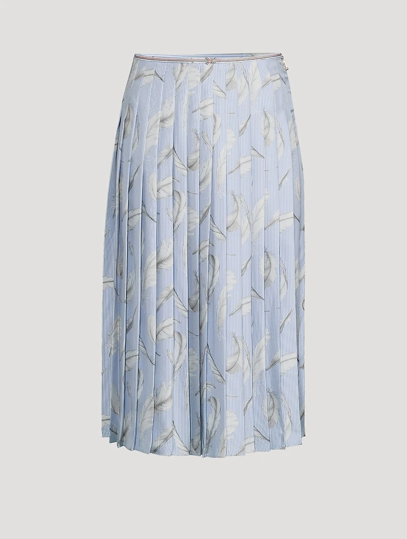 Pleated Silk Twill Midi Skirt Feather Print