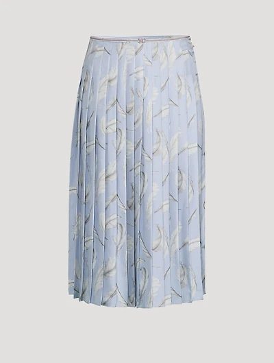 Pleated Silk Twill Midi Skirt Feather Print