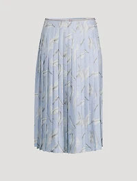 Pleated Silk Twill Midi Skirt Feather Print