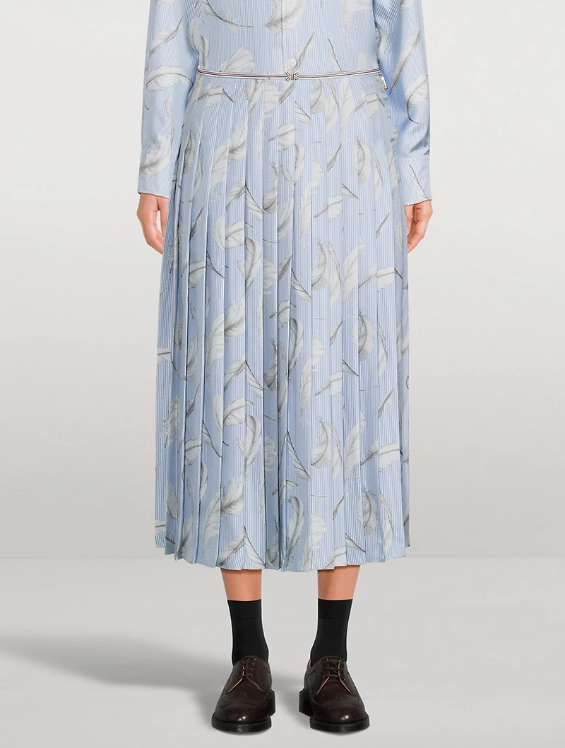 Pleated Silk Twill Midi Skirt Feather Print