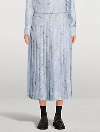 Pleated Silk Twill Midi Skirt Feather Print