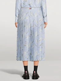 Pleated Silk Twill Midi Skirt Feather Print