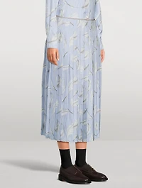 Pleated Silk Twill Midi Skirt Feather Print