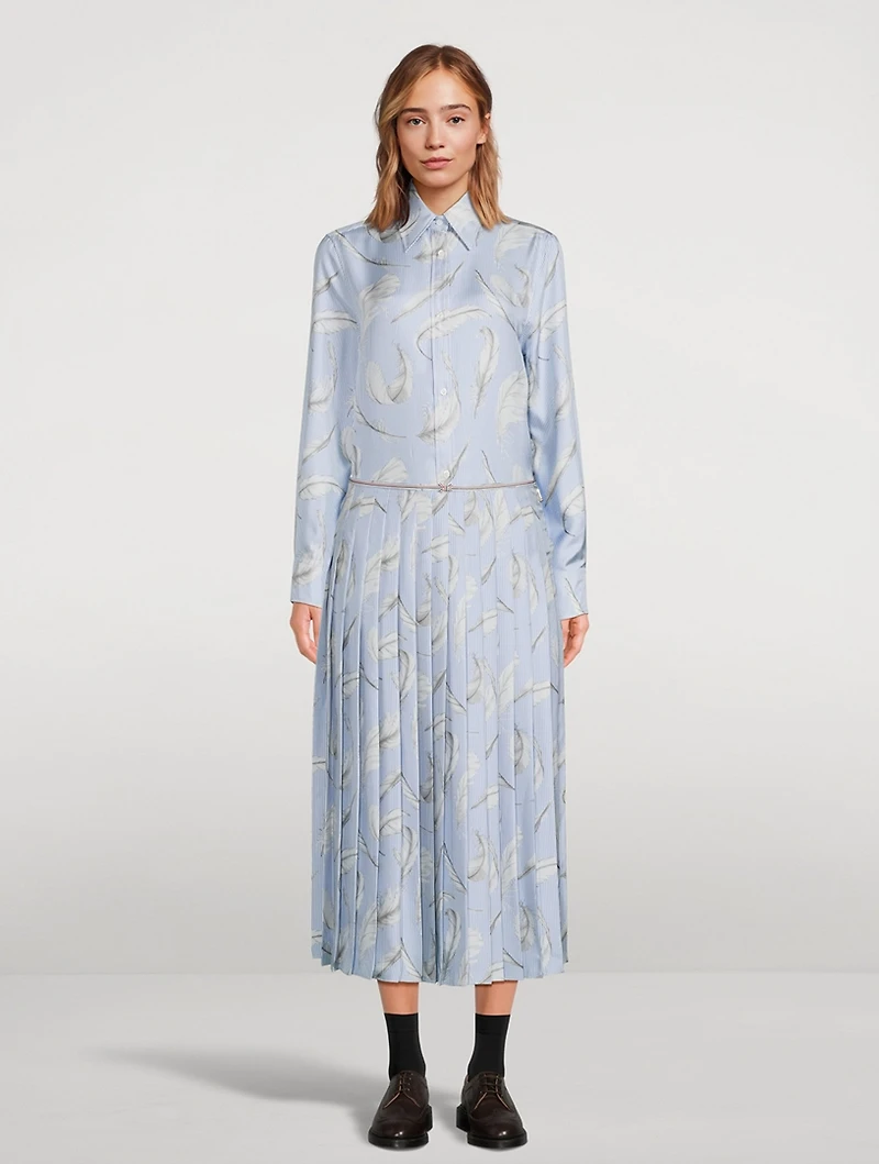 Pleated Silk Twill Midi Skirt Feather Print