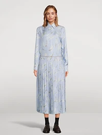 Pleated Silk Twill Midi Skirt Feather Print