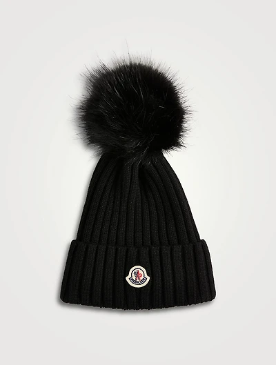 Wool Rib Toque With Faux Fur Pom-Pom