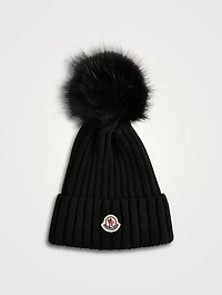 Wool Rib Toque With Faux Fur Pom-Pom