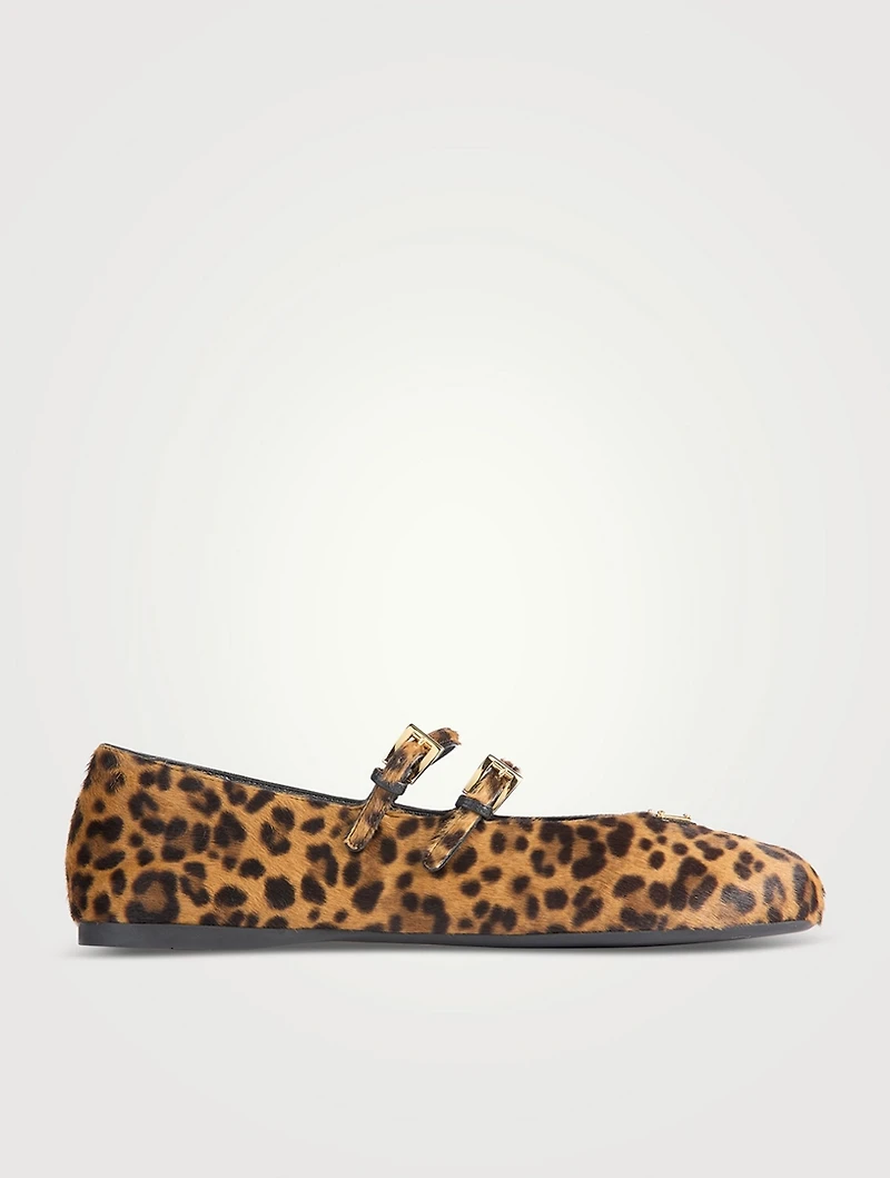 Calf Hair Mary Jane Ballet Flats Leopard Print