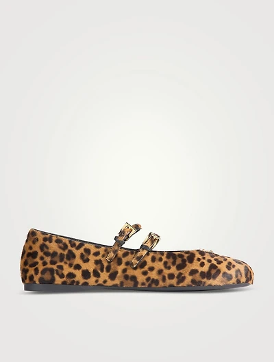 Calf Hair Mary Jane Ballet Flats Leopard Print