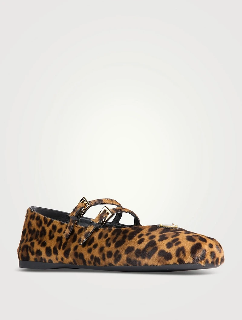 Calf Hair Mary Jane Ballet Flats Leopard Print