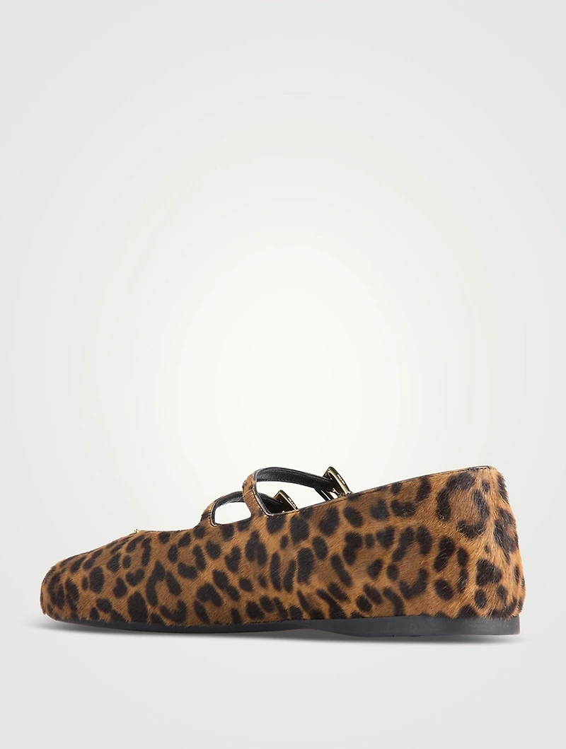 Calf Hair Mary Jane Ballet Flats Leopard Print