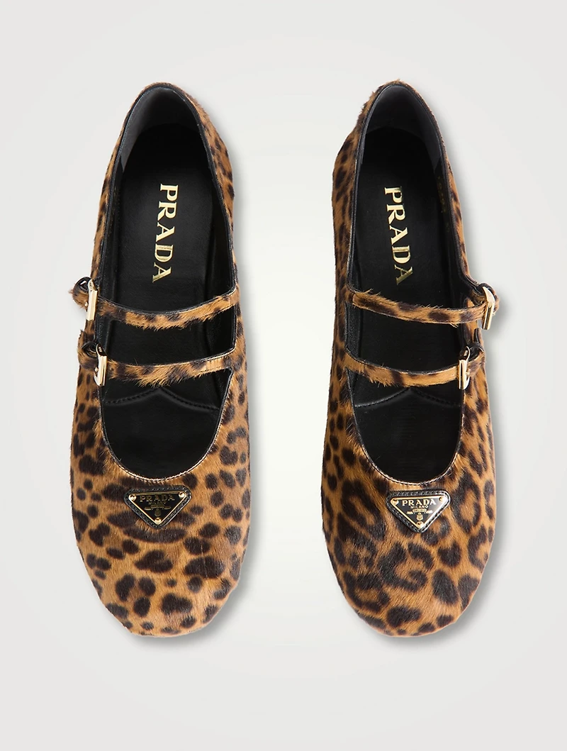 Calf Hair Mary Jane Ballet Flats Leopard Print