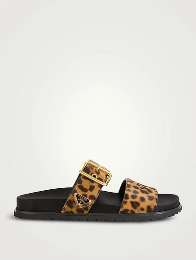 Pony Hair Slide Sandals Leopard Print