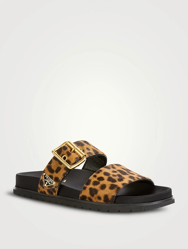 Pony Hair Slide Sandals Leopard Print
