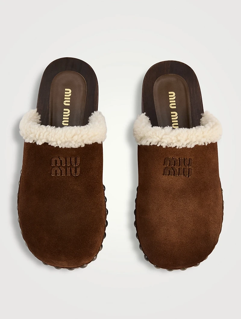 Shearling-Trimmed Suede Clogs