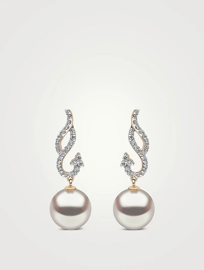 18K Gold Pearl Earrings With Diamonds
