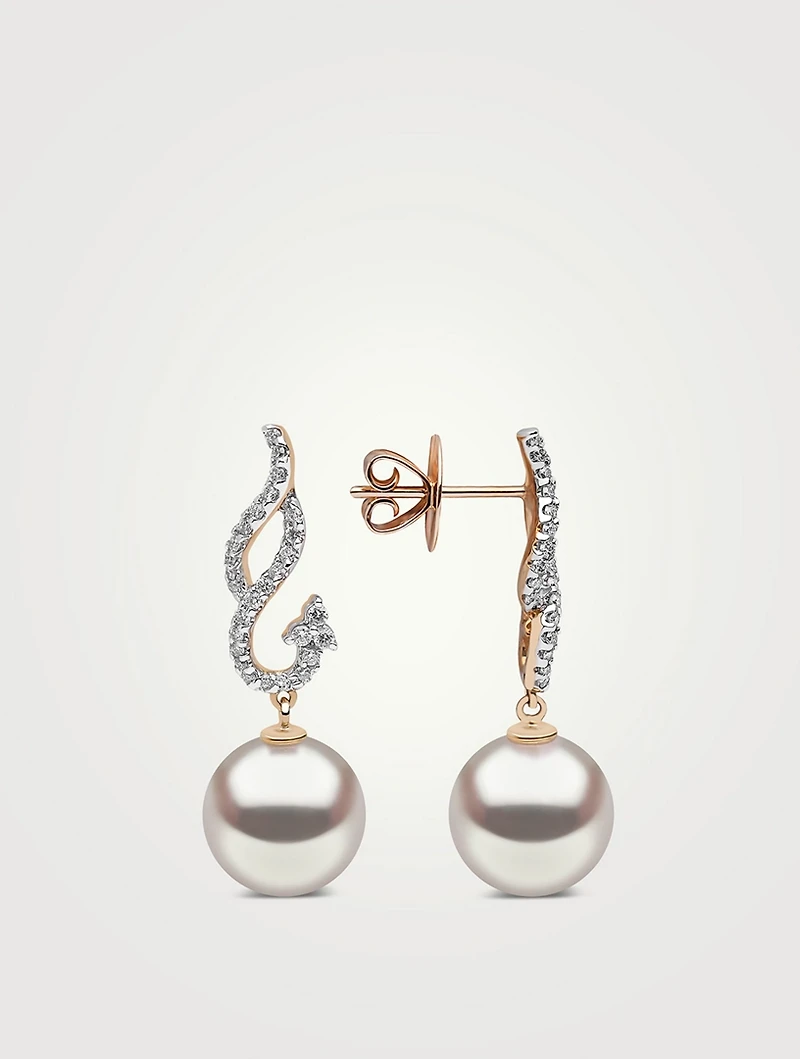 18K Gold Pearl Earrings With Diamonds