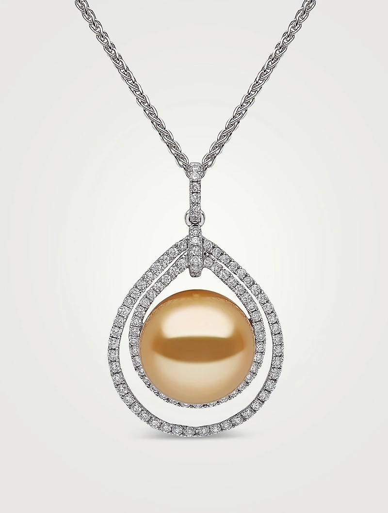 18K White Gold Golden South Sea Pearl Pendant With Diamonds