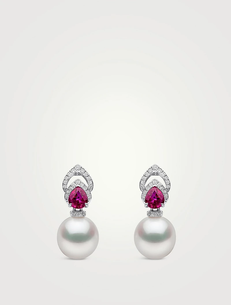 Ophelia 18K White Gold South Sea Pearl Earrings With Diamonds And Ruby