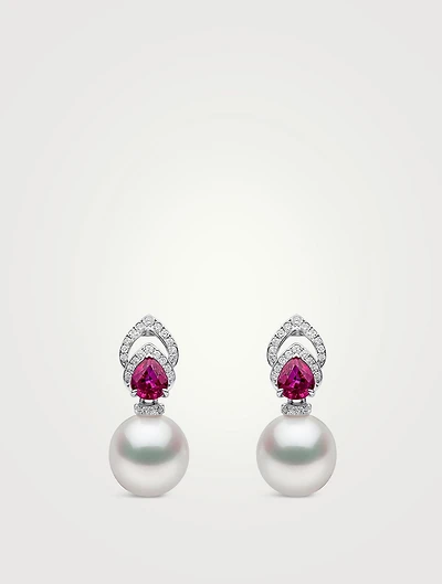 Ophelia 18K White Gold South Sea Pearl Earrings With Diamonds And Ruby