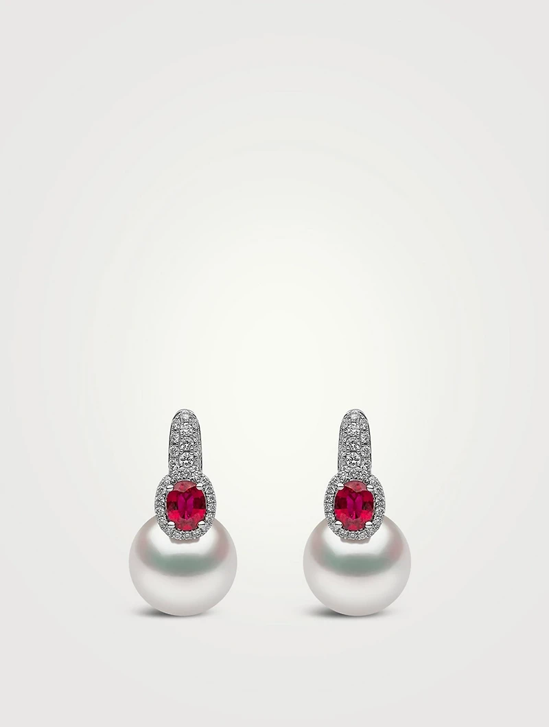 18K White Gold South Sea Pearl Earrings With Diamonds And Ruby