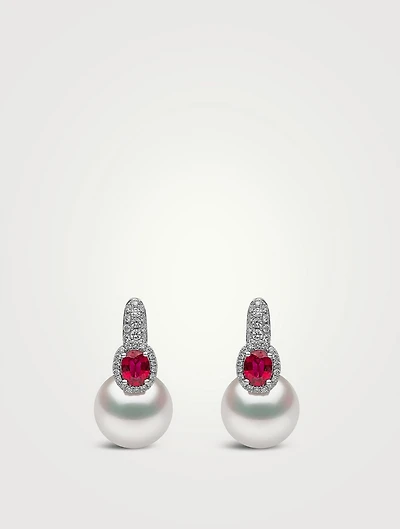 18K White Gold South Sea Pearl Earrings With Diamonds And Ruby