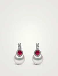 18K White Gold South Sea Pearl Earrings With Diamonds And Ruby