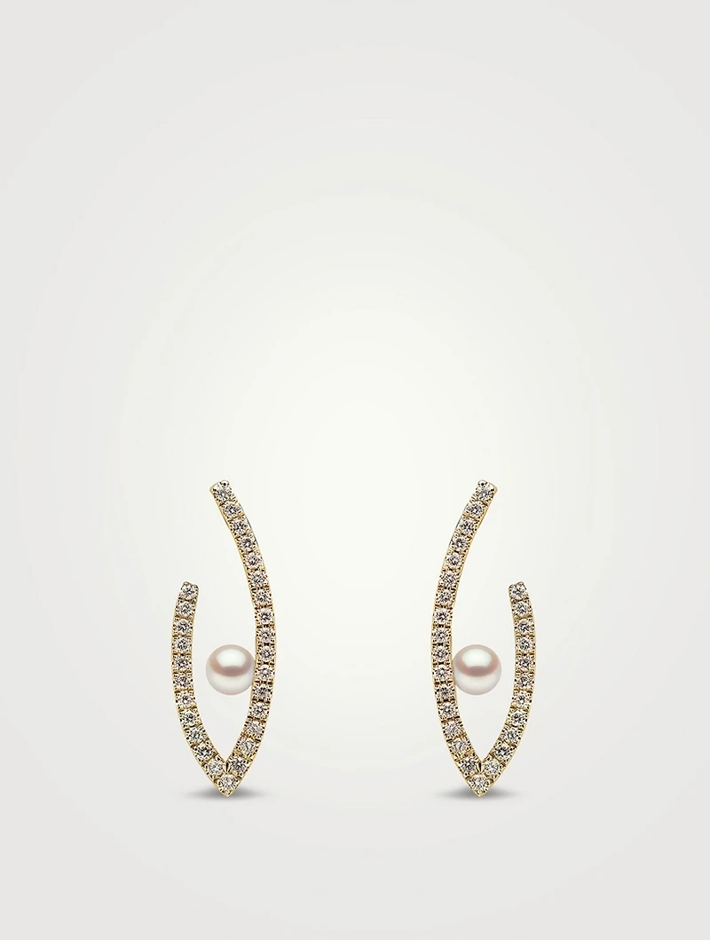 Sleek 18K Gold Akoya Pearl Earrings With Diamonds