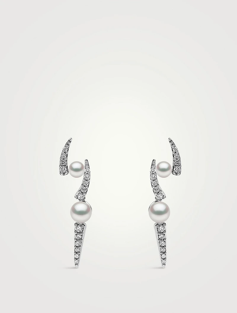 Sleek 18K White Gold Akoya Pearl Earrings With Diamonds
