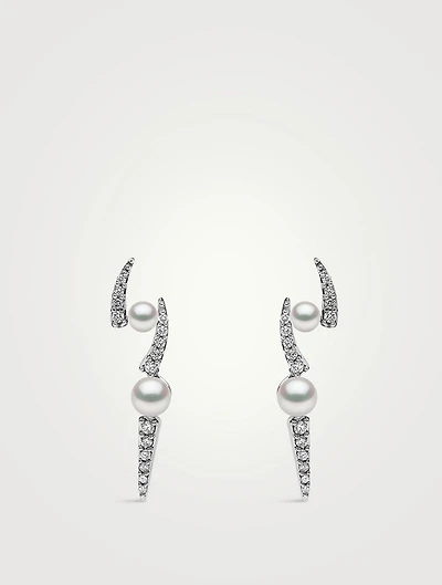 Sleek 18K White Gold Akoya Pearl Earrings With Diamonds