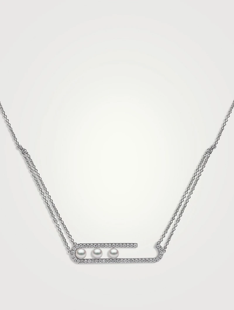 Sleek 18K White Gold Akoya Pearl Necklace With Diamonds