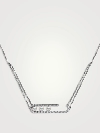 Sleek 18K White Gold Akoya Pearl Necklace With Diamonds