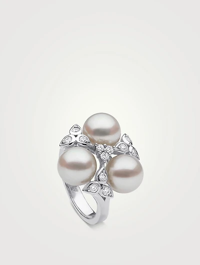 Raindrop 18K White Gold Akoya Pearl Ring With Diamonds
