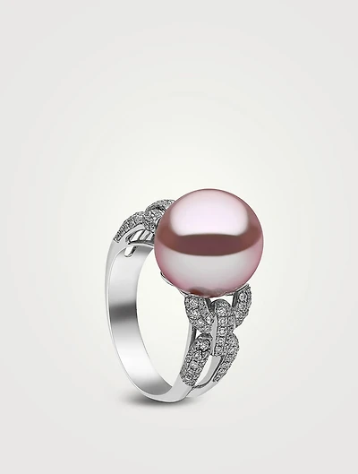 18K White Gold Pearl Ring With Diamonds