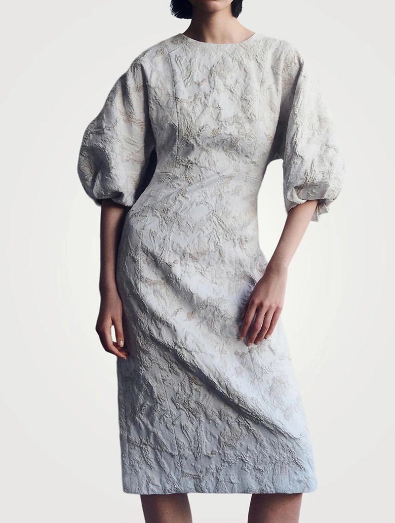 Speckled Glaze Jacquard Puff-Sleeve Dress