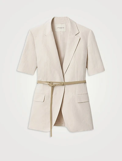 Belted Silk Linen Short-Sleeve Blazer