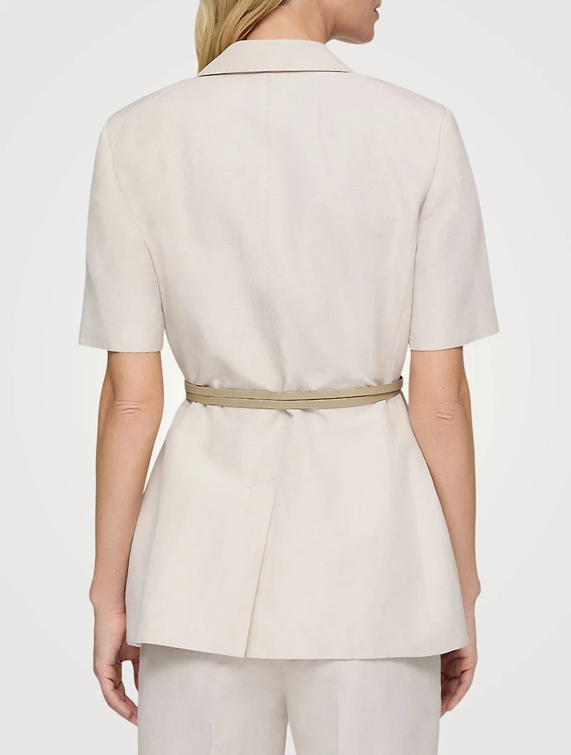 Belted Silk Linen Short-Sleeve Blazer