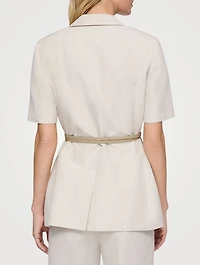 Belted Silk Linen Short-Sleeve Blazer