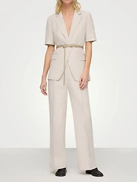 Belted Silk Linen Short-Sleeve Blazer