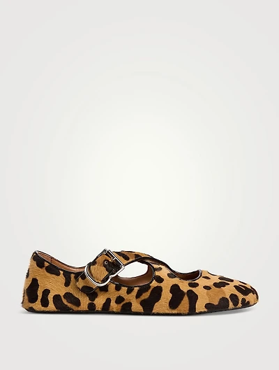Criss Cross Calf Hair Ballet Flats Leopard Print