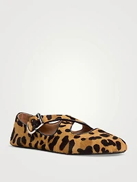 Criss Cross Calf Hair Ballet Flats Leopard Print