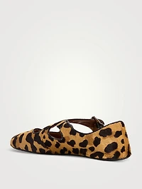 Criss Cross Calf Hair Ballet Flats Leopard Print