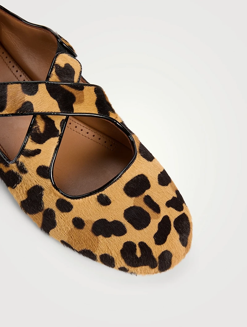 Criss Cross Calf Hair Ballet Flats Leopard Print