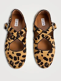 Criss Cross Calf Hair Ballet Flats Leopard Print